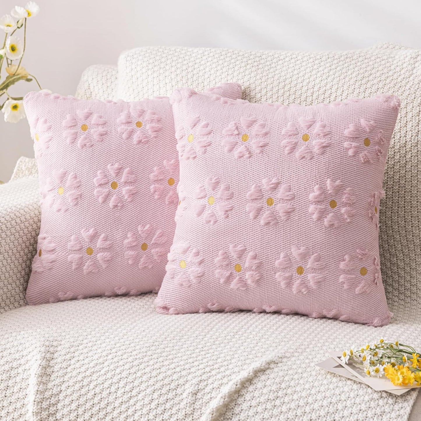 AQOTHES Spring Summer Pink Throw Pillow Covers 18x18 inch Set of 2 Flower Floral Faux Fur Cute Throw Pillows for Sofa Couch Living Room Decor