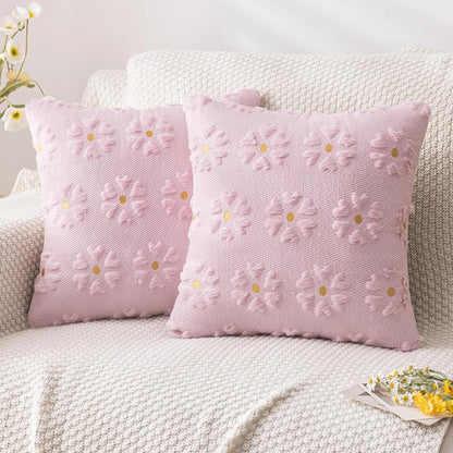 AQOTHES Spring Summer Pink Throw Pillow Covers 18x18 inch Set of 2 Flower Floral Faux Fur Cute Throw Pillows for Sofa Couch Living Room Decor