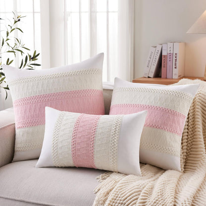 Soft Cotton Boho Lumbar Throw Pillow Covers Set of 2, Natural White/Contrast Light Pink 12x20 Inch, Light Pink Farmhouse Decorative Cushion Covers for Sofa Bed Living Room Home Decor