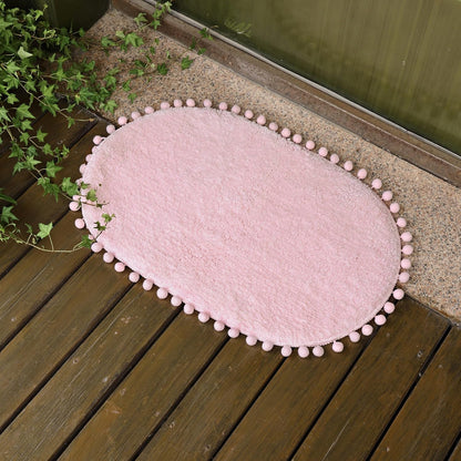 YIRDDEO Bath Mat Pink Rug with Pom Oval Bathroom Rugs for Bedroom Non Slip Cute Boho Absorbent Mats Soft Plush Washable Rug (20 x 30 inches)