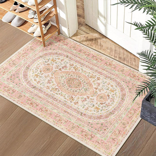 Small Rugs 2x3,Pink Rug for Entryway Bathroom Bedroom Kitchen Entrance Doormat,Boho Vintage Bohemian Distressed Farmhouse Washable Accent Floor Throw Carpet Non Slip,Blush Floral