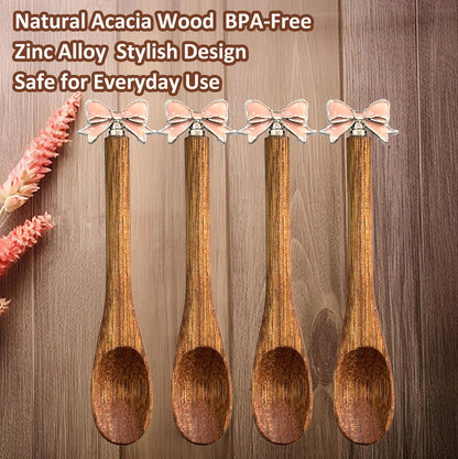 Wooden Stir Spoon for Honey Coffee Stirring Tea Yogurt Jars, Cute Small Wooden Spoon for Eating, Collection Spoons, Holiday Wooden Teaspoon 5.1 Inches Length(4pcs) (Pink bowknot)