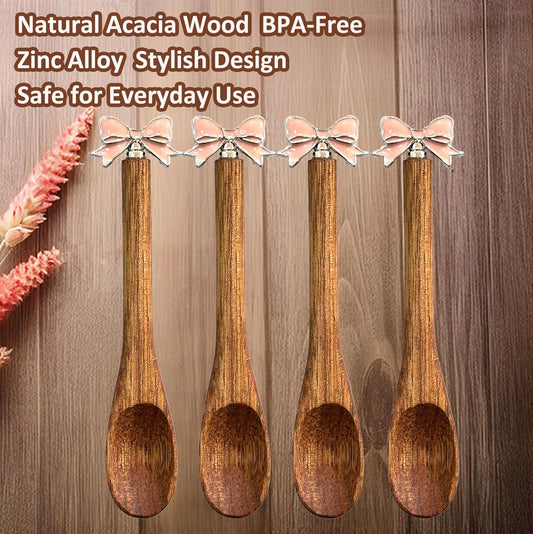 Wooden Stir Spoon for Honey Coffee Stirring Tea Yogurt Jars, Cute Small Wooden Spoon for Eating, Collection Spoons, Holiday Wooden Teaspoon 5.1 Inches Length(4pcs) (Pink bowknot)