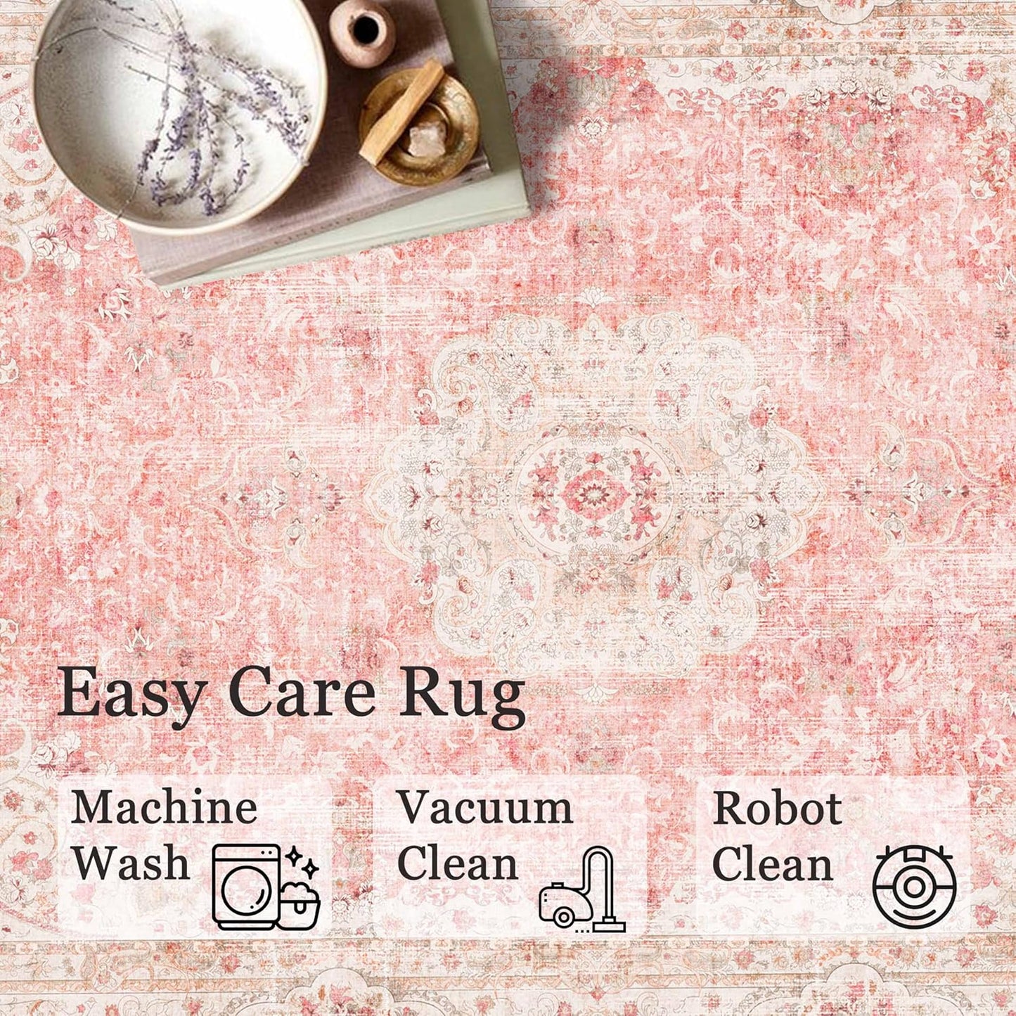 Pink Rug 3x5,Washable Area Rugs for Bedroom Living Room Kitchen Entryway,Small Boho Vintage Bohemian Distressed Non Slip Carpet,Blush