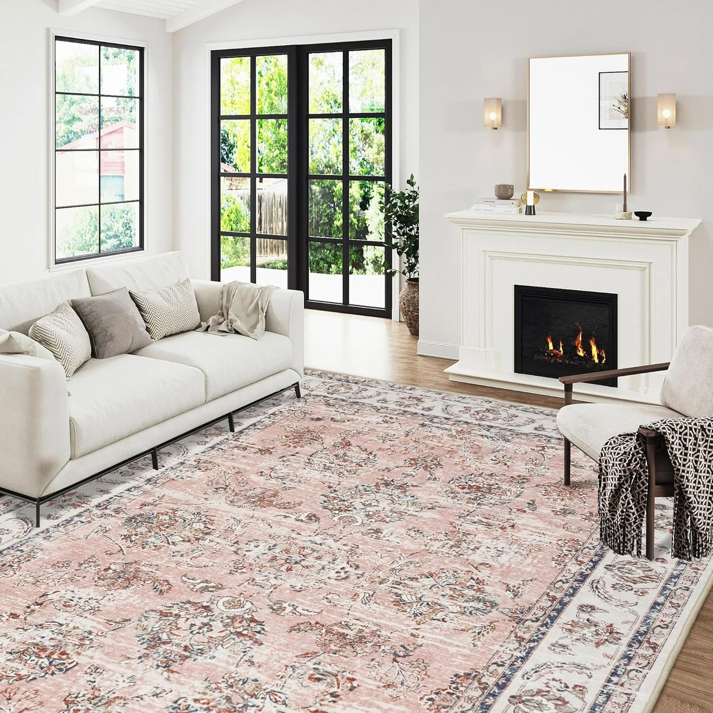 RYB HOME Non Slip Washable Runner Rug 2x6 ft, Anti-sratch Pet Friendly Boho Vintage Low Pile Floral Rug Carpet Runner for Kitchen Hallway, Pink
