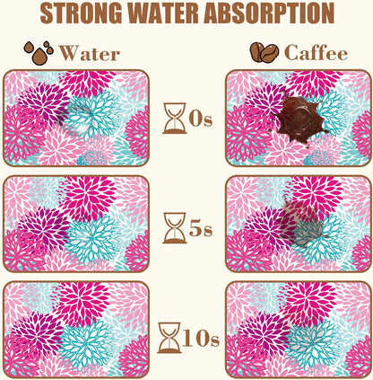 Pink Blue Chrysanthemum Flowers Dish Drying Mat for Kitchen Counter Coffee Bar Mat Hide Stain Absorbent Rubber Backed Drying Rack Pad Espresso Machine Coffee Bar Accessories 11.8 x 19.7 Inch