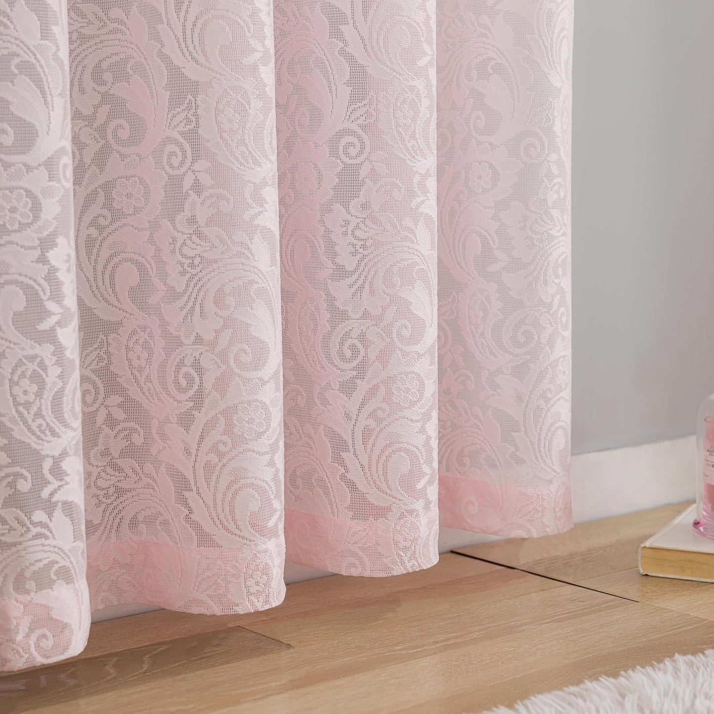 ALIGOGO Pink Sheer Curtains 63 Inch Length for Girls Bedroom Nursery, 2 Panels French Floral Lace Coquette Curtains for Living Room Rod Pocket Pink Home Decor Aesthetic, 52 x 63 Inch, Pink