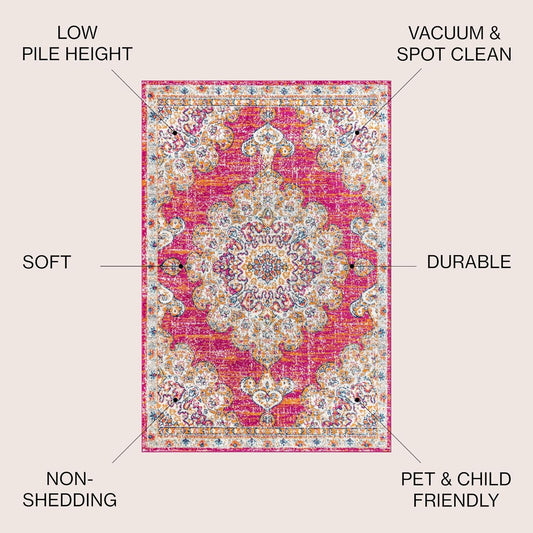 JONATHAN Y Boho Vintage Pink/Cream Indoor Area Rug, 3x5, Bohemian Flair Medallion, Chic, Floral, High Traffic for Living Room, Bedroom, Kitchen, Pet Friendly, Non-Shedding (BMF104A-3)