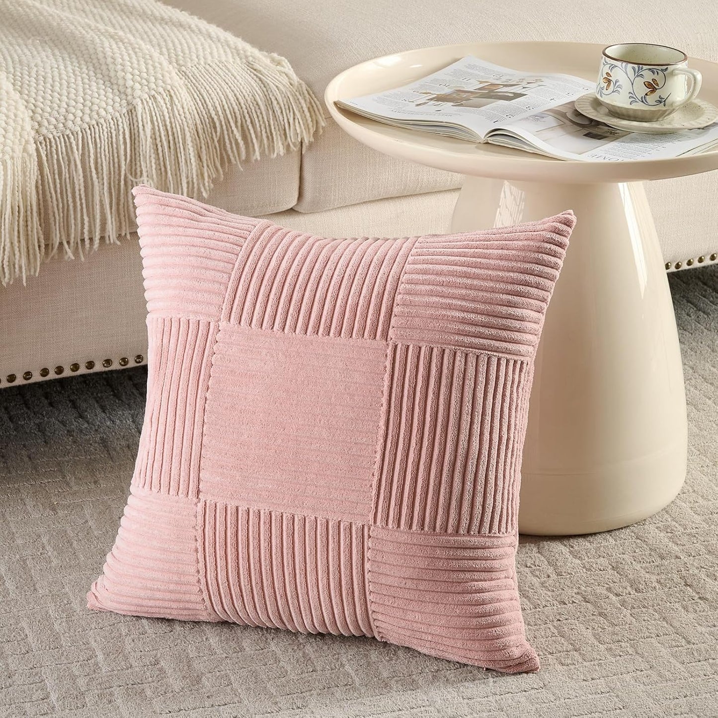 Fancy Homi Set of 2 Blush Pink Boho Decorative Throw Pillow Covers 18x18 Inch for Living Room Bedroom Couch Bed Sofa, Modern Farmhouse Home Decor, Soft Striped Plaid Corduroy Accent Cushion Case