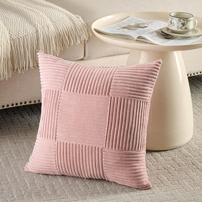 Fancy Homi Set of 2 Blush Pink Boho Decorative Throw Pillow Covers 18x18 Inch for Living Room Bedroom Couch Bed Sofa, Modern Farmhouse Home Decor, Soft Striped Plaid Corduroy Accent Cushion Case