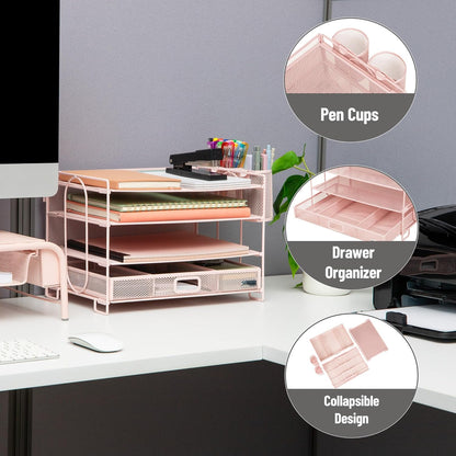 Mind Reader Mesh Desk Organizer, 3 Trays, 1 Drawer, 2 Pen Holders, Office Desktop Organizer, Metal Mesh, Pink