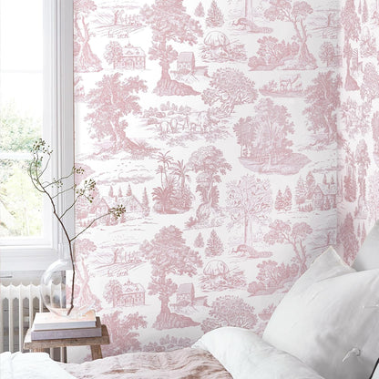 Pink Peel and Stick Wallpaper Toile Contact Paper Pink and White Wallpapers Boho Floral French Country Walls Covering Removable Self-Adhesive Vinyl Wrap for Bedroom Bathroom Cabinet 17.3" x 118"