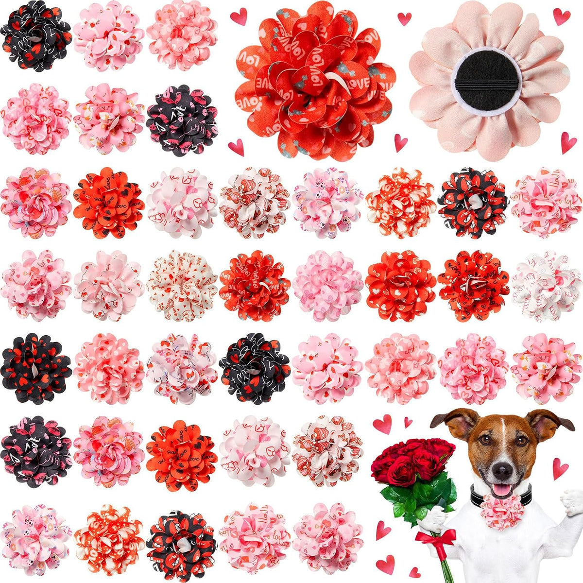 100 Pcs Mother's Day Dog Collar Flowers Bulk Pink Red Heart Bow Tie Dog Charms Grooming Accessories Bow Tie Flower for Puppy Cat Pets Collar Attachment Embellishment Sweet Party Costume