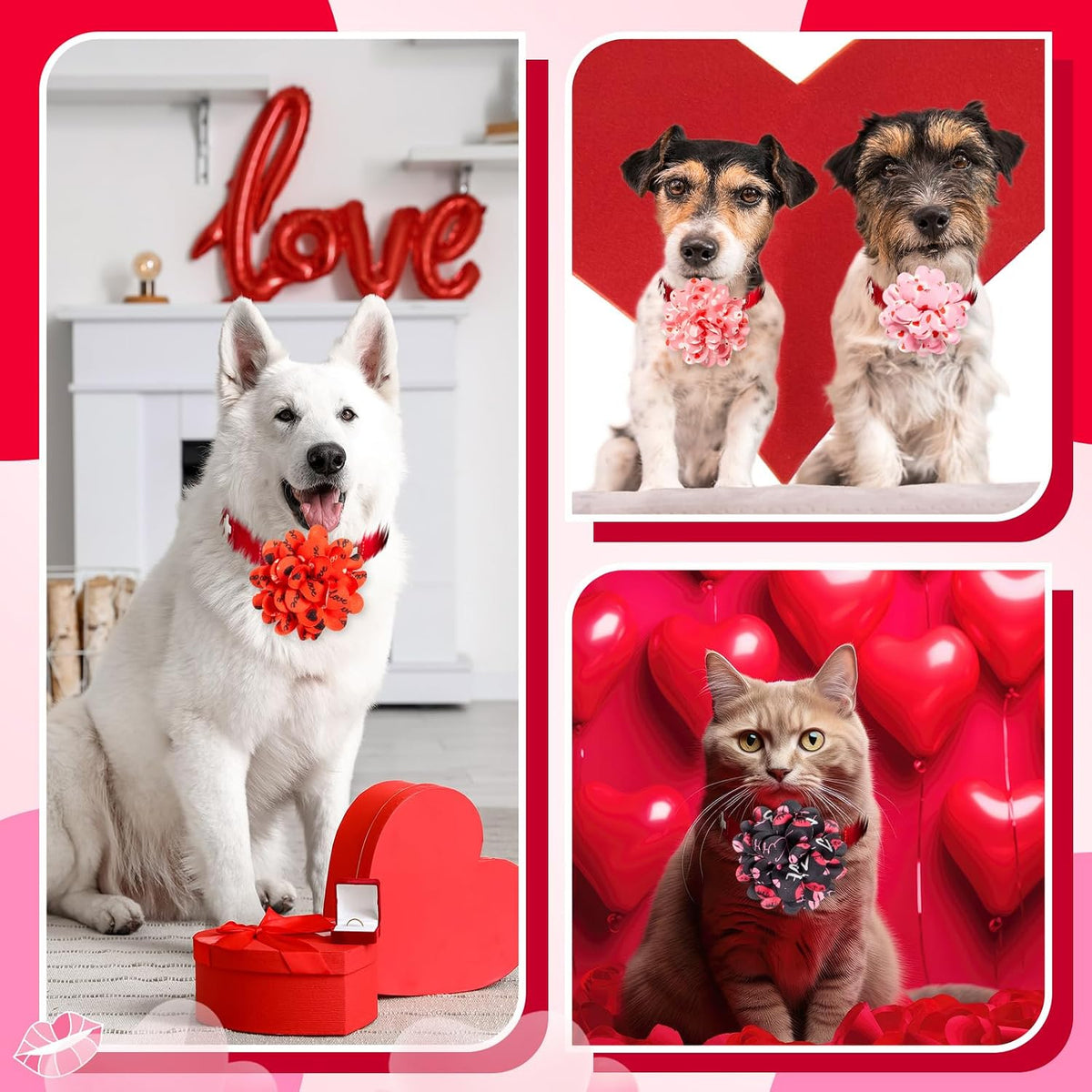 100 Pcs Mother's Day Dog Collar Flowers Bulk Pink Red Heart Bow Tie Dog Charms Grooming Accessories Bow Tie Flower for Puppy Cat Pets Collar Attachment Embellishment Sweet Party Costume