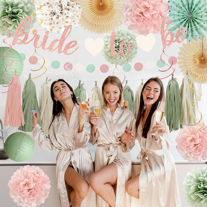 Sage Green and Blush Pink Bachelorette Party Decorations - Bride To Be Banner, Sage Green Paper Lanterns, Streamers, Tissue Pom Poms, Blush Pink Beige Boho Paper Tassel, Rustic Backdrop Decor