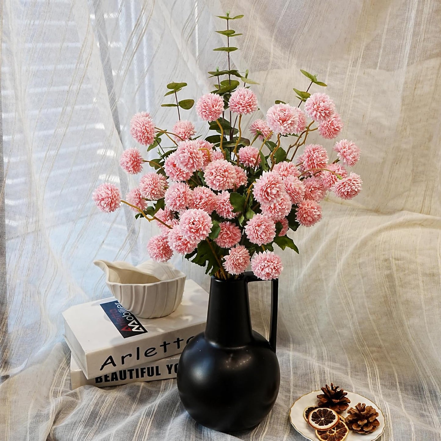 Jahe 6Pcs Silk Pompon Mum Artificial Flowers, Small Fake Flower Kiku Ball with Long Stems, Home Decor Faux Flowers, DIY Wedding Centerpieces Floral Arrangements Doho Decor, Pink