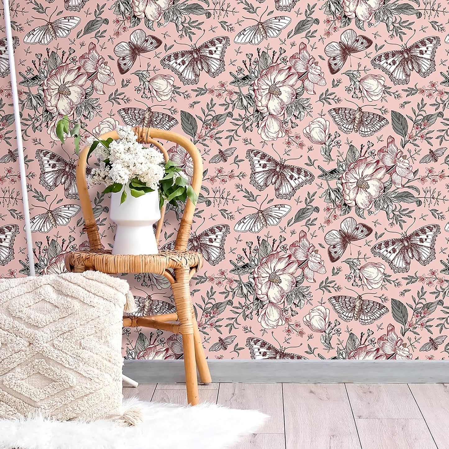 FunStick Pink Floral Wallpaper Peel and Stick Botanical Garden Wildflower Butterfly Wall Paper for Girls Bedroom Nursery Removable Pink Butterflies Floral Contact Paper for Walls Cabinets 17.5"x118"