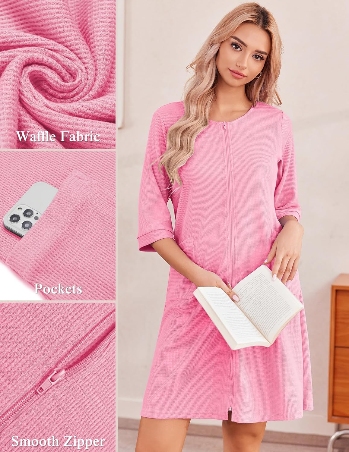 Ekouaer Zip Up Robes for Women Short Waffle Bathrobe Lightweight house coat 3/4 Sleeve Soft Nightgown with Pockets S-3XL
