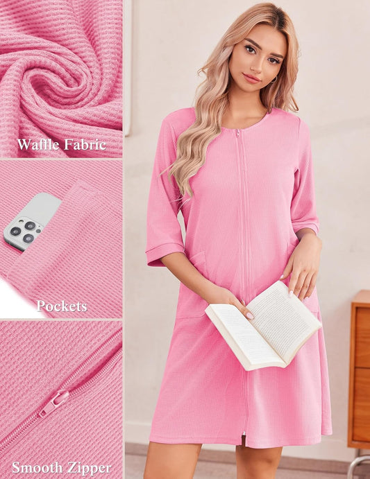 Ekouaer Zip Up Robes for Women Short Waffle Bathrobe Lightweight house coat 3/4 Sleeve Soft Nightgown with Pockets S-3XL