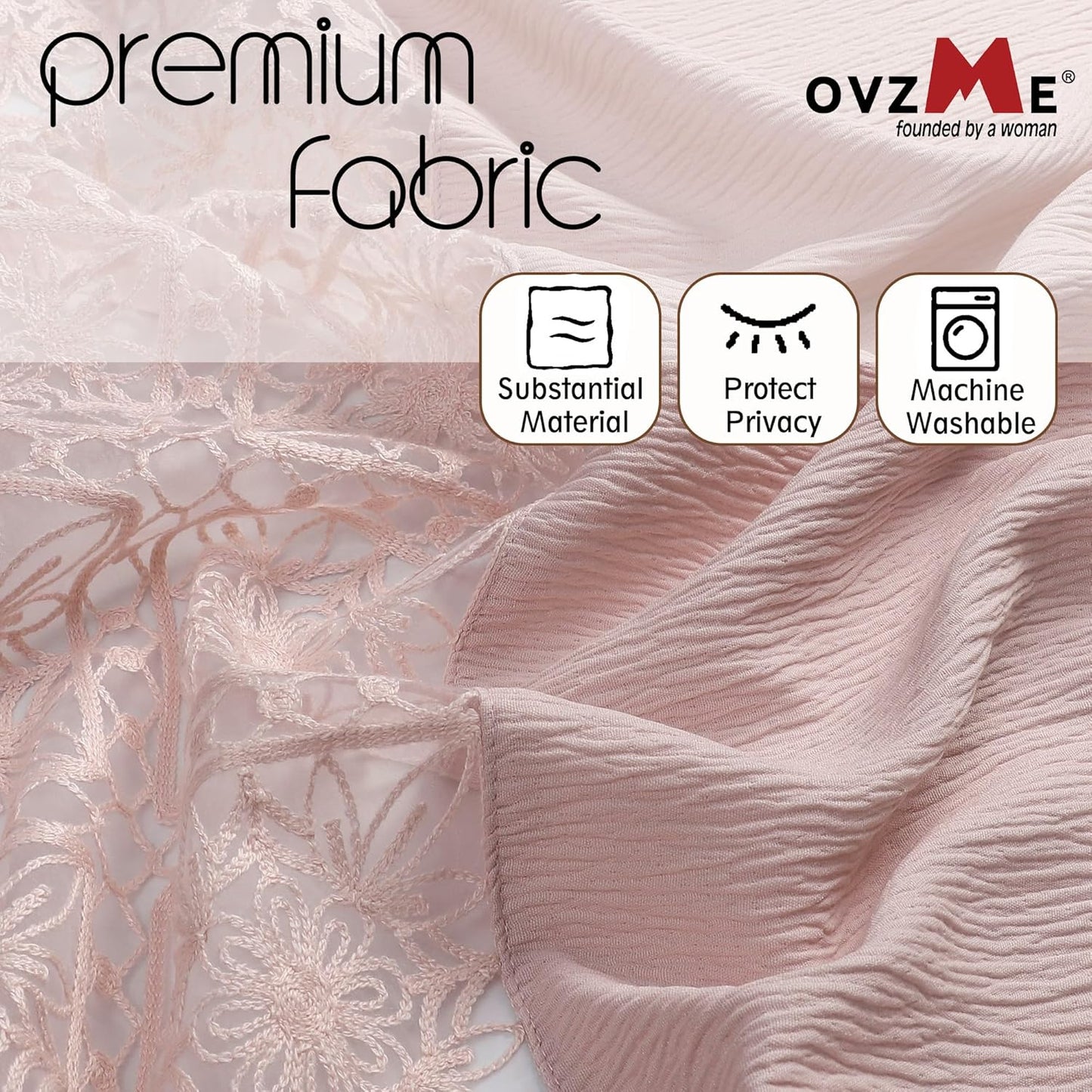 OVZME Blush Pink Boho Shower Curtain 72 Inch Long for Bathroom, Heavy Weighted Textured Crinkle Fabric Shower Curtains with Embroidery Cutwork, Machine Washable Elegant Luxury Bath Curtain, 72Wx72L