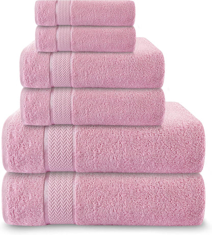 Luxury Cotton Bath Towel Set - 6 Piece - Pink - 100% Cotton - Quick Dry, Absorbent, Plush, Soft - Home, Hotel, Pool, Shower Towels