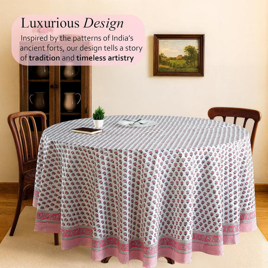 CPC Pink Sapphire Block Print Cotton Handmade Round Tablecloth 90 Inch Decorative Table Cover for Home Decor, Dinning, Festive, Wedding, Farmhouse Gift for Spring, Mother's Day
