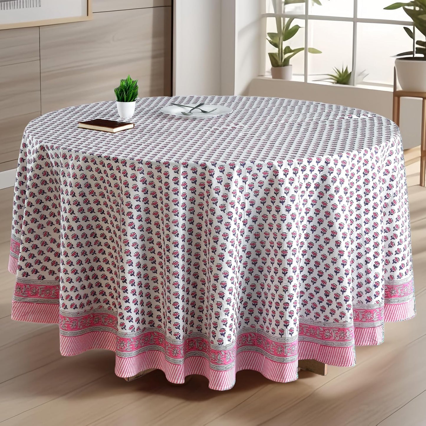 CPC Pink Sapphire Block Print Cotton Handmade Round Tablecloth 90 Inch Decorative Table Cover for Home Decor, Dinning, Festive, Wedding, Farmhouse Gift for Spring, Mother's Day