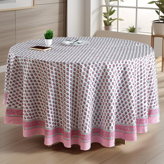 CPC Pink Sapphire Block Print Cotton Handmade Round Tablecloth 90 Inch Decorative Table Cover for Home Decor, Dinning, Festive, Wedding, Farmhouse Gift for Spring, Mother's Day