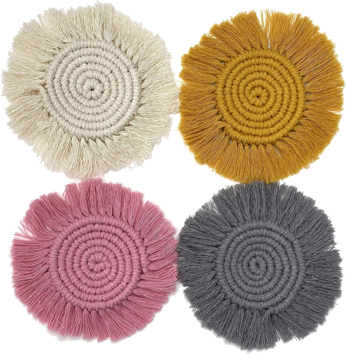 Set of 2 Macrame Handmade Cotton Coasters- Elegant and Absorbent 7-inch Round Woven Boho Coaster Set with Fringe Tassels for Drinks and Mugs, Spiral Weave (Pink, 2)