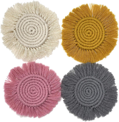 Set of 2 Macrame Handmade Cotton Coasters- Elegant and Absorbent 7-inch Round Woven Boho Coaster Set with Fringe Tassels for Drinks and Mugs, Spiral Weave (Pink, 2)