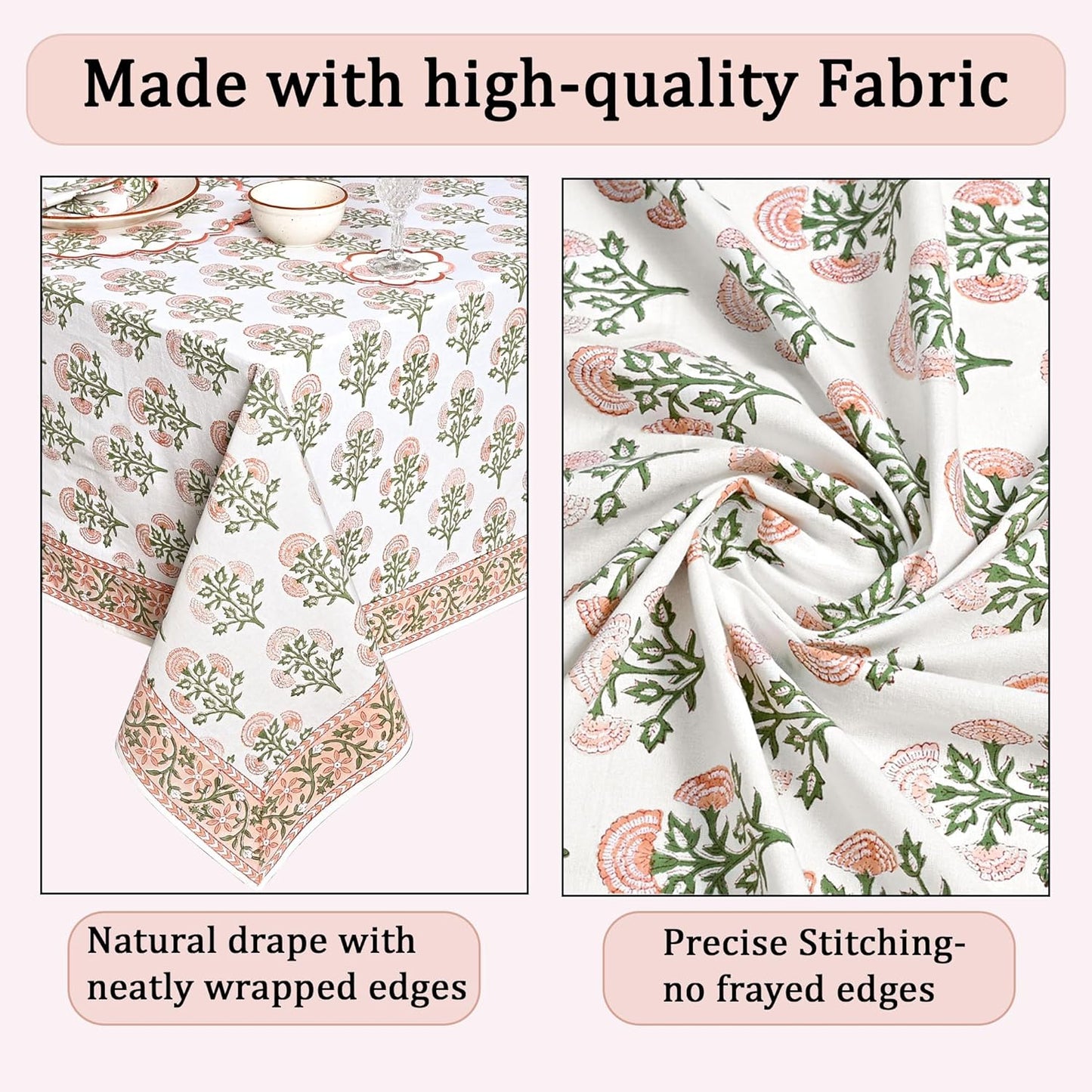 Ridhi Mughal Buta Peach Hand Block Print Cotton Rectangle Tablecloth 102" x 48" inches Reusable Table Cover Decorative Everyday Use for Dining Room, Farmhouse, Home Gift for Spring, Mother's Day
