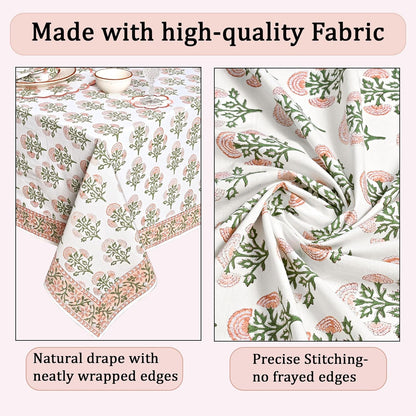 Ridhi Mughal Buta Peach Hand Block Print Cotton Rectangle Tablecloth 102" x 48" inches Reusable Table Cover Decorative Everyday Use for Dining Room, Farmhouse, Home Gift for Spring, Mother's Day