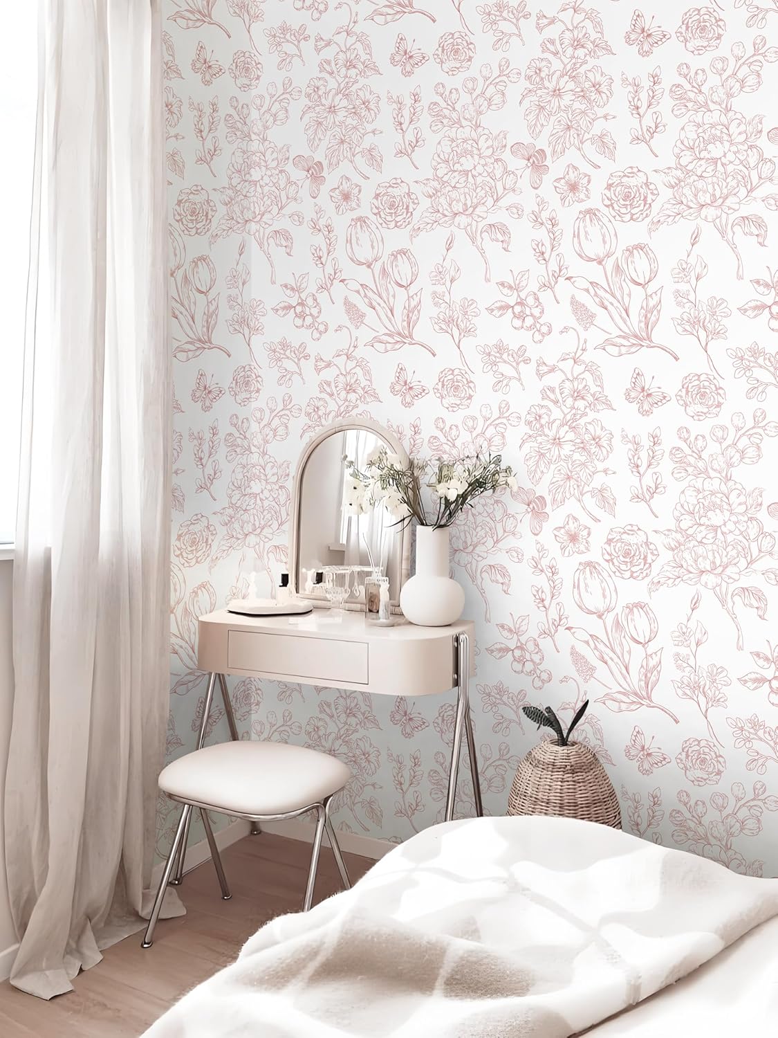 CiCiwind Floral Peel and Stick Wallpaper Pink and White Contact Paper Boho Wall Paper Modern Removable Self Adhesive Butterfly Wallpaper for Bedroom Bathroom Cabinets 17.3"×78.7"