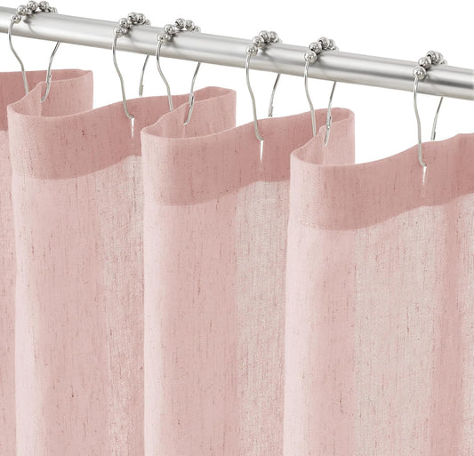 NICETOWN Pink Linen Textured Shower Curtain Set Waterproof, Semi Sheer Light Filtering Privacy Farmhouse Fabric Bathroom Decor with 12 Rustproof Metal Hooks, 72x72 Inch, 1 Panel