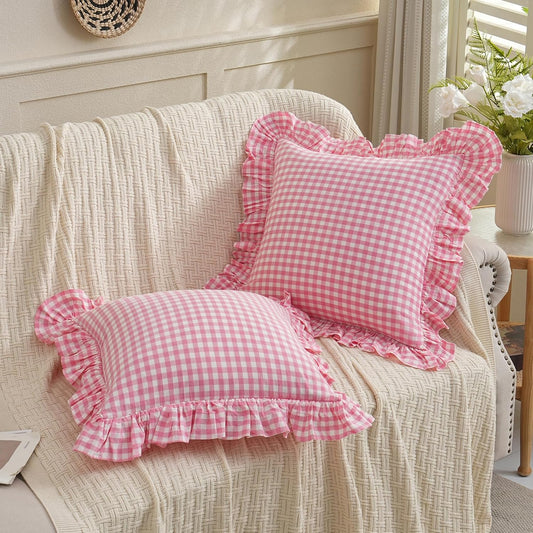 2 Pack Pink/White Plaid Ruffled Checkered Throw Pillow Cover 20 x20 inches, Washed Cotton Vintage Farmhouse Pillow Sham Decorative Gingham Pillowcases for Bed/Living Room