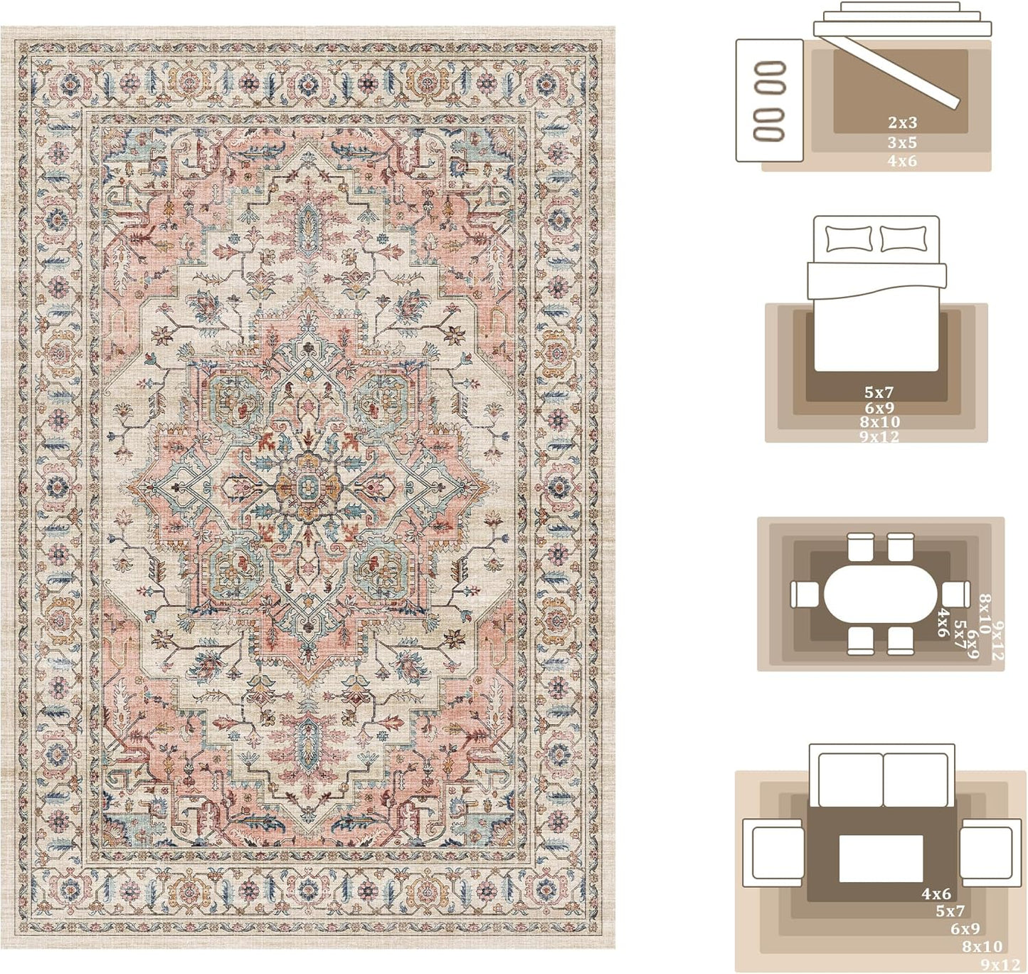 5x7 Area Rugs for Living Room Ultra-Soft Washable Rug Vintage Distressed Boho Area Rug, Non-Slip Retro Print Low Pile Stain Resistant Carpet for Bedroom Dining Room Kitchen Office
