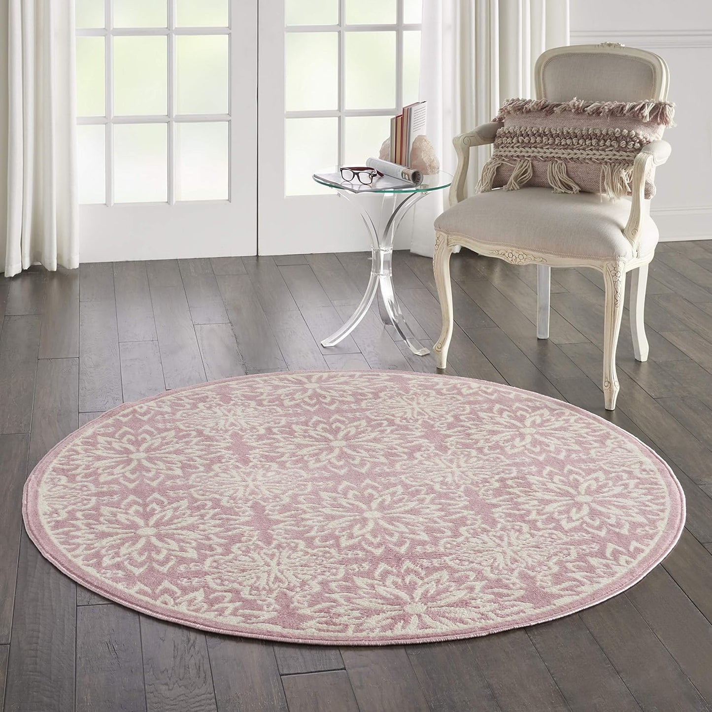 Nourison Home Jubilant Floral Ivory/Pink 5'3'' x Round Area-Rug, Easy-Cleaning, Non Shedding, Bed Room, Living Room, Dining Room, Kitchen (5 Round)