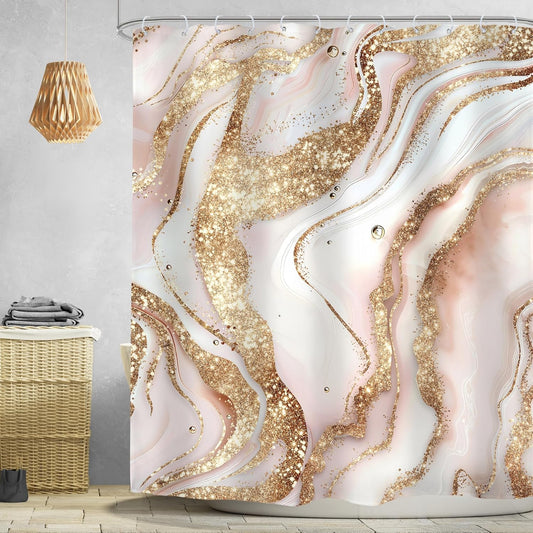 Omifly Abstract Pink Gold Marble Shower Curtain 60Wx72H Inch Modern Minimalist Girls Fluid Ink Texture Golden Luxury Cracked Lines with 12 Plastic Hooks Fabric Waterproof Toilet Accessories Decor