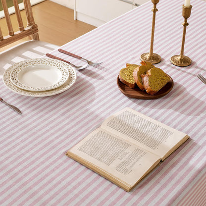 Striped Tablecloth Rectangular Cotton Linen Style Picnic Table Cloths Rectangle with Tassels Washable Table Cover Wrinkle Free for Mothers Day Party Outdoor Dining Room,Pink and White,55x75