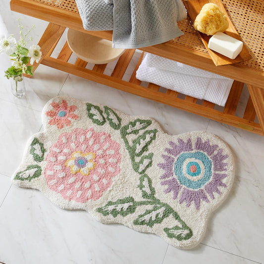 Market & Place Floral Bath Rug, White Pink and Green Bathroom Mat, Cute Bathroom Decor for Tub and Shower, Cotton Tufted Absorbent Bath Mat, 20" x 32"