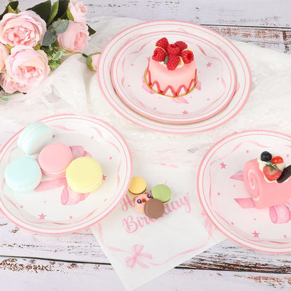 Pink Bow Birthday Party Supplies 108 Pcs Pink Bow Plates Napinks Coquette Birthday Decorations Bow Tableware Decorations Serves 36 Guest for Girls Bachelorette Bridel Party Decor