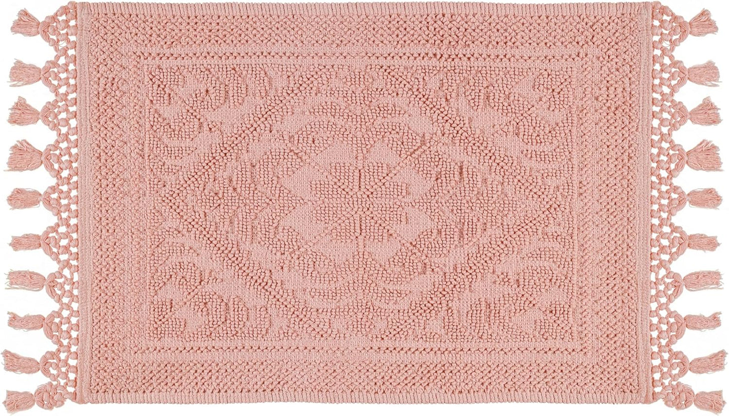 Savi Home Cotton Woven Jacquard Bathroom Rug, Woven Fringe Bathroom Mats, 100% Cotton, Non - Slip Bath Mat, Durable Thick Bath Mat 17”x30” with Fringes, Baby Pink