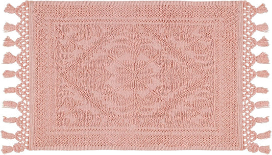 Savi Home Cotton Woven Jacquard Bathroom Rug, Woven Fringe Bathroom Mats, 100% Cotton, Non - Slip Bath Mat, Durable Thick Bath Mat 17”x30” with Fringes, Baby Pink