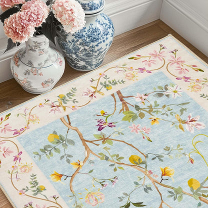 jinchan Floraison Rug Runner 3x10 Floral Netural Machine Washable Rugs Non Slip Indoor Floor Cover Soft Chinoiserie Long Modern Carpet for Hallway Bedroom Dining Room Kitchen Blue/Pink