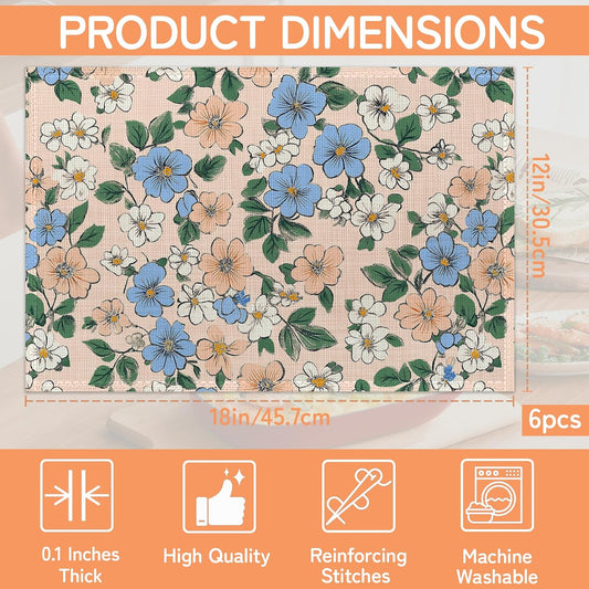 Cute Blue Pink Flowers Table Mats Set of 6,Non-Slip Washable Placemats for Restaurant Home Kitchen Dinner Table 12x18Inch