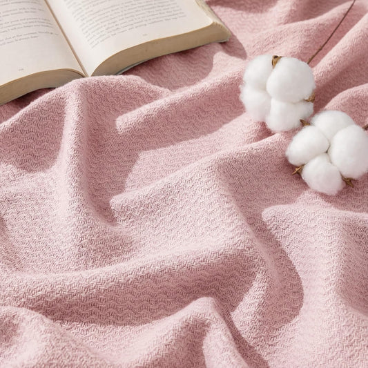 Bedsure GentleSoft 100% Cotton Blanket Queen Size for Bed - Breathable and Lightweight, Soft Cozy Textured Herringbone Woven Blanket for Summer Spring, Pink, 90x90 inches