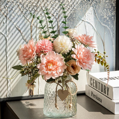 Fake Flowers with Vase,Faux Flowers in Vase for Home Decor,Silk Pink Dahlia Artificial Flowers with Vase for Coffee Table Decor,Living Room Bathroom Plant Decor, Centerpiece Table Decorations