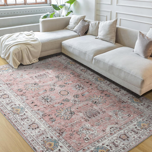5x7 Washable Area Rug, Large Boho Rugs for Living Room, Pink Rugs for Bedroom Girls Dining Room Office, Anti Slip Low-Pile Stain Resistant Printed Vintage Floral Carpet Home Decor