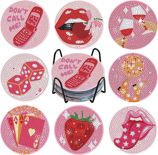 GHHKUD 8 Pcs Pink Vintage Diamond Art Coasters with Holder Cork Pad, DIY Diamond Painting Coasters Pink Boho Kits for Adults Kids, Table Decoration Gifts for Home