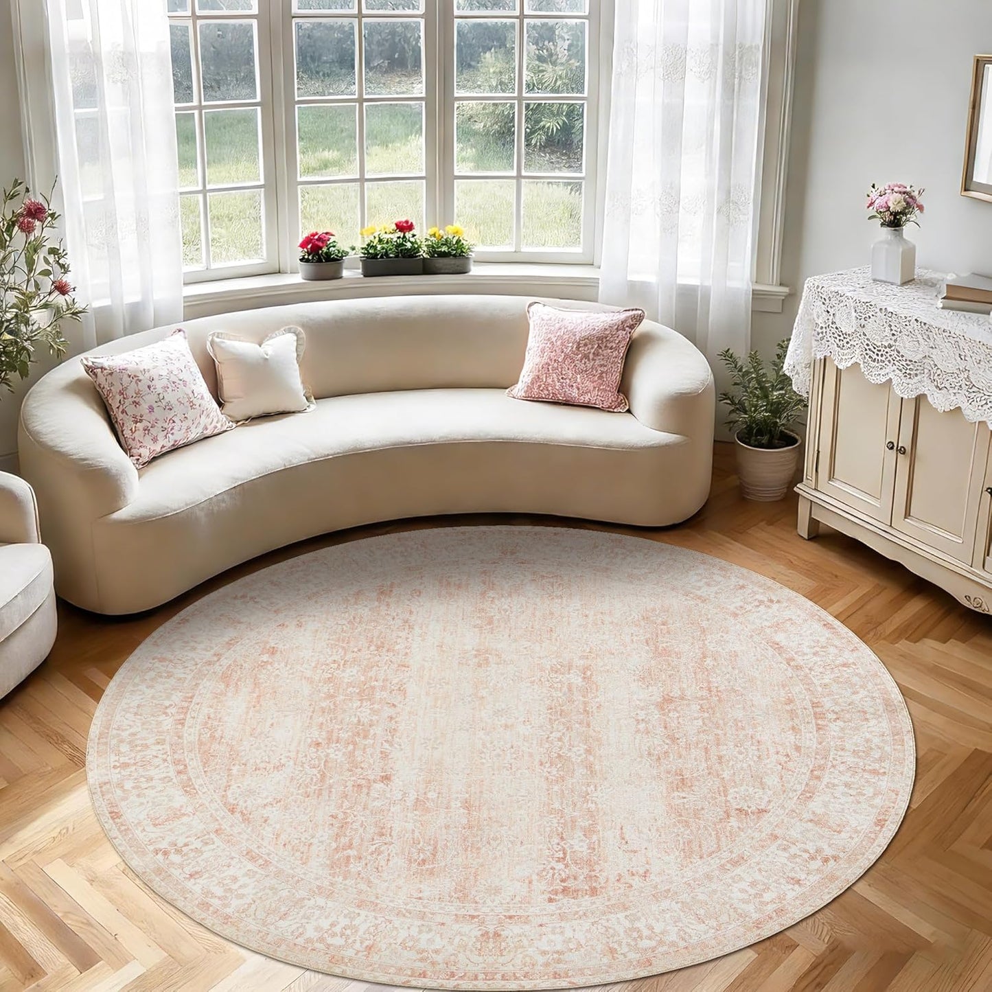 BILEEHOME Round Rug 8x8 Feet 8ft Washable Area Rug for Living Room Girl Bedroom,Boho Floral Print Blush Pink Circle Rugs 8' Round for Dining Room